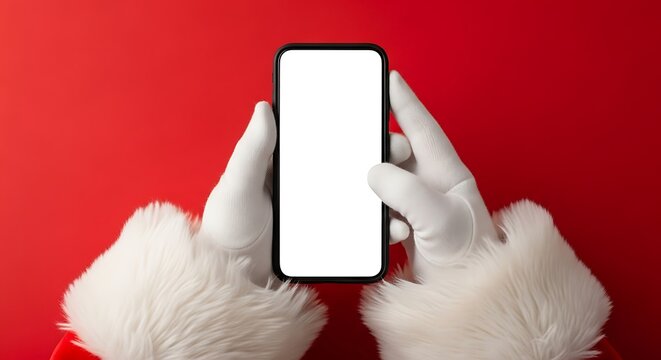 Santa claus holding a smartphone with a blank screen on a red background - Powered by Adobe