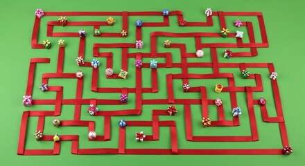 A festive red ribbon maze on a green background, adorned with numerous tiny, colorful giftwrapped presents, symbolizing a playful challenge or holiday journey