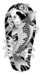 Japanese Koi Fish Tattoo with Waves and Cherry Blossoms &ndash; Bold Blackwork Design