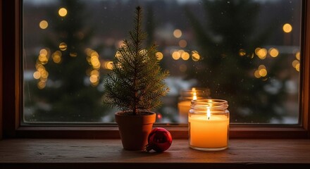 A cozy winter scene with a small potted christmas tree and a glowing candle on a rustic wooden windowsill, with blurred festive lights visible outside