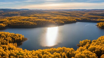 Aerial view of a serene lake surrounded by vibrant golden autumn trees with sun reflection - Powered by Adobe
