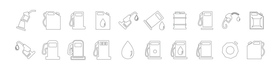 Gas station icon set. Gas tank symbol. Gas station Outline signs. Engine oil icon symbol. Containing fuel, refinery, petroleum, oil well, gas pump, offshore platform, Fuel signs collection. EPS 10.