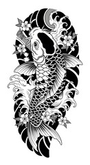 Japanese Koi Fish Tattoo with Waves and Cherry Blossoms &ndash; Bold Blackwork Design