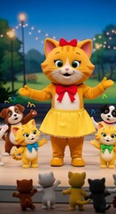 Obraz premium Cute cartoon cat character in a yellow dress with a red bow performs on stage