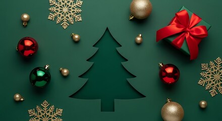 Christmas tree silhouette surrounded by ornaments and snowflakes on green background