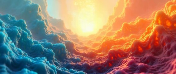 Vibrant abstract landscape unfolds with gentle undulating textures as the camera slowly pans across a colorful, dreamlike terrain, evoking a surreal, cinematic atmosphere. - Powered by Adobe