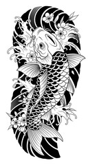 Japanese Koi Fish Tattoo with Waves and Cherry Blossoms &ndash; Bold Blackwork Design