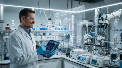 Scientist Analyzing Data on a Tablet in a Modern Lab with Advanced Equipment 4K Footage - Powered by Adobe