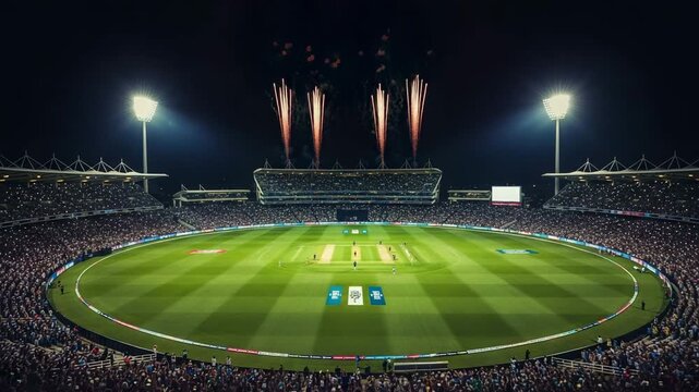 Cricket match in a packed stadium at night with fireworks exploding overhead
