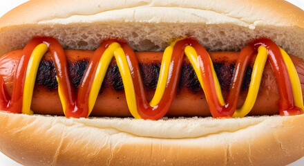 Juicy grilled hot dog with classic ketchup and mustard drizzle in a soft bun, perfect for summer BBQs and fast food cravings