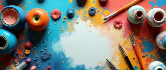 An artistic workspace filled with vibrant materials, showcasing the creative mindset, complemented by ample copy space for inspirational quotes or branding.