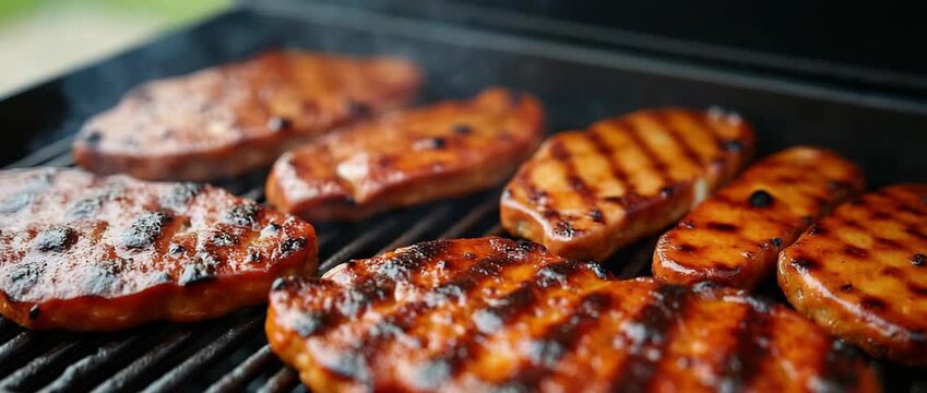 Juicy grilled steaks sizzle on a fiery BBQ with flames dancing in the background, captured in cinematic slow motion with a smooth, steady tracking shot, perfect for barbecue enthusiasts.