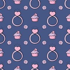 Hand-drawn pink and purple ring, speech bubble, cupcake, and heart on a blue background. Seamless pattern for romantic love and Valentine's.