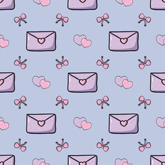 Hand-drawn pink heart with purple envelope and ribbon bow on a blue background. Seamless pattern for romantic love and Valentine's.