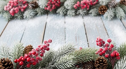 Festive christmas garland with red berries and pine cones on a rustic wooden background
