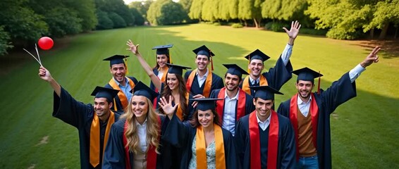 Graduates celebrate joyfully outdoors, throwing caps into the air; camera pans slowly across smiling faces; trees gently sway in the background; cinematic style captures youthful achievement.