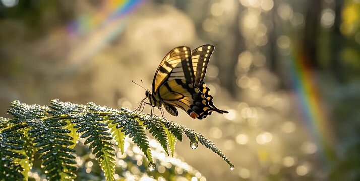 Butterfly on fern leaf with rainbow in background.