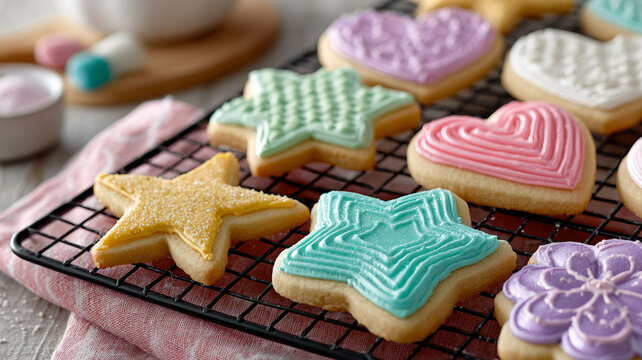 Decorated cookies on a cooling rack in various shapes. - Powered by Adobe