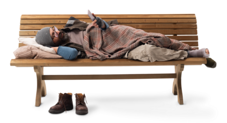 A homeless man lying on a bench using a smartphone, isolated on a white background, representing poverty, isolation, financial mismanagement, despair, hunger, and loss of home.