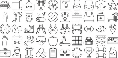 Fitness and Gym Icon Set Vector Illustration for Workout, Exercise, Bodybuilding, Training Equipment, and Active Lifestyle Designs