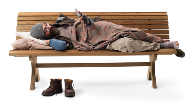 A homeless man lying on a bench using a smartphone, isolated on a white background, representing poverty, isolation, financial mismanagement, despair, hunger, and loss of home.