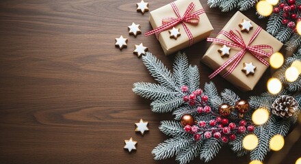 Christmas flat lay with gift boxes, fir branches, red berries, star cookies, and bokeh lights on a wooden background, evoking a cozy and festive holiday spirit