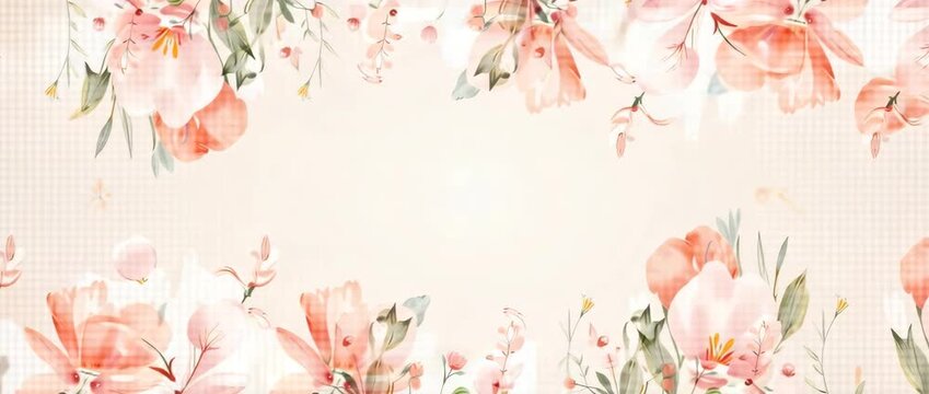 Watercolor floral border with gentle petals swaying in a light breeze, slow pan revealing delicate pastel blooms, creating a serene, elegant backdrop for wedding or spring themes.