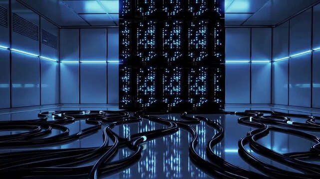 Blue-lit futuristic room with colossal supercomputer server overseeing digital operations.