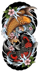 Japanese Koi Fish Tattoo Design with Waves and Cherry Blossoms &ndash; Traditional Irezumi Style, Two Colorful Koi Swimming in Dynamic Water and Sakura Blossoms