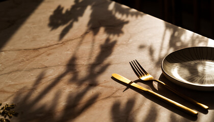 Golden cutlery and artistic shadows create an elegant dining atmosphere, perfect for upscale restaurant promotions and sophisticated food presentations