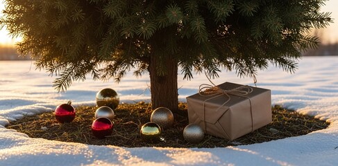 Christmas ornaments and a gift box at the base of an evergreen tree in a snowy winter field, illuminated by the warm golden light of a sunset