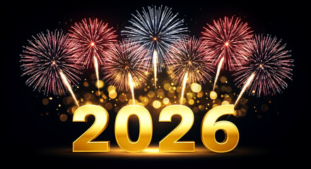 Shiny Golden 2026 Number Lit Up With Colorful Fireworks For New Year Celebration And Joy