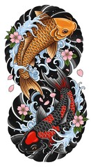 Japanese Koi Fish Tattoo Design with Waves and Cherry Blossoms &ndash; Traditional Irezumi Style, Two Colorful Koi Swimming in Dynamic Water and Sakura Blossoms