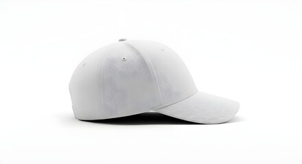 Fototapeta premium A white baseball cap mockup in side-angle view, ideal for showcasing brand identity, embroidery design, or apparel concepts.
