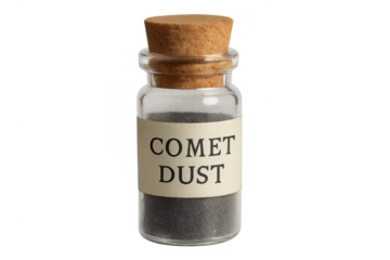 Glass jar holding comet dust with cork stopper