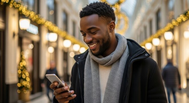 Handsome Black man in winter wear smiling at phone in shopping arcade setting.