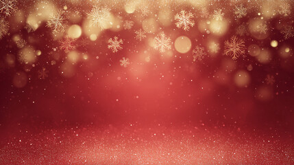 Elegant Christmas background, soft red and gold gradients, glowing bokeh lights around the edges, subtle snowflakes framing the border, clean empty space in the center for text, modern and commercial