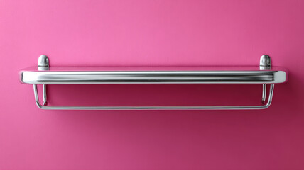 Metal shelf against a pink background.