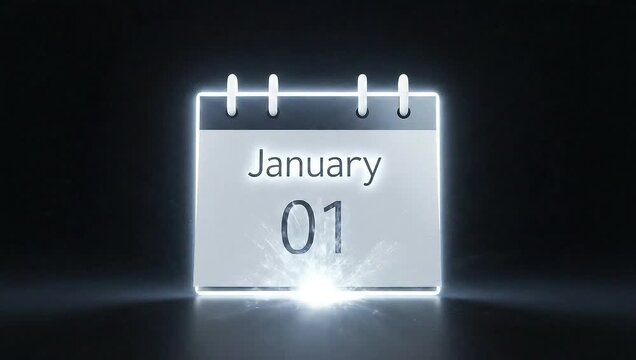 New Years Day calendar animation with glowing effect and sparkling particles, flipping from December to January 01.