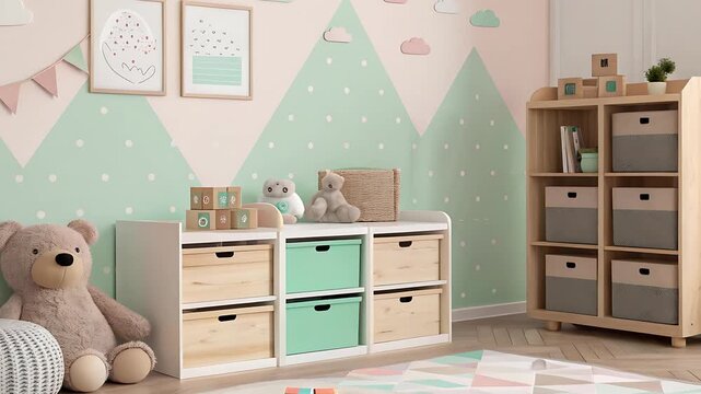 Pastel themed playroom with storage furniture, teddy bear, and mountain wall art displayed nicely