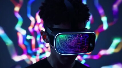 Young man with VR headset surrounded by glowing generative AI data, futuristic concept. - Powered by Adobe