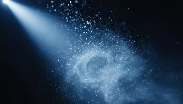 A bright blue spotlight illuminates dust particles in a dark environment, creating a dynamic and ethereal effect.