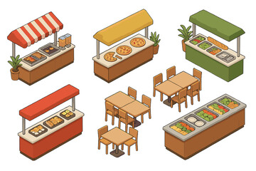 Isometric collection of buffet counters and dining tables for restaurant layout