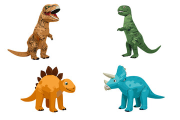 Group of four brightly colored inflatable dinosaur figures isolated on white backdrop