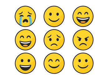 Collection of nine yellow emoji faces displaying a wide range of human emotions and feelings