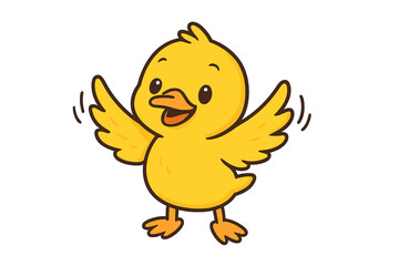 Cute yellow baby chick standing with wide open wings and a happy face