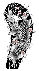 Japanese Koi Fish Tattoo with Waves and Cherry Blossoms &ndash; Bold Blackwork Design