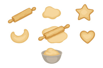 Raw cookie dough, wooden rolling pin, and various shaped cookies for baking preparation