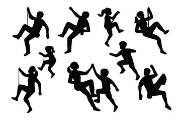 Diverse male and female climbers in dynamic action poses silhouette collection