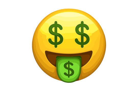 Yellow emoji face with dollar signs for eyes and tongue symbolizing wealth and greed